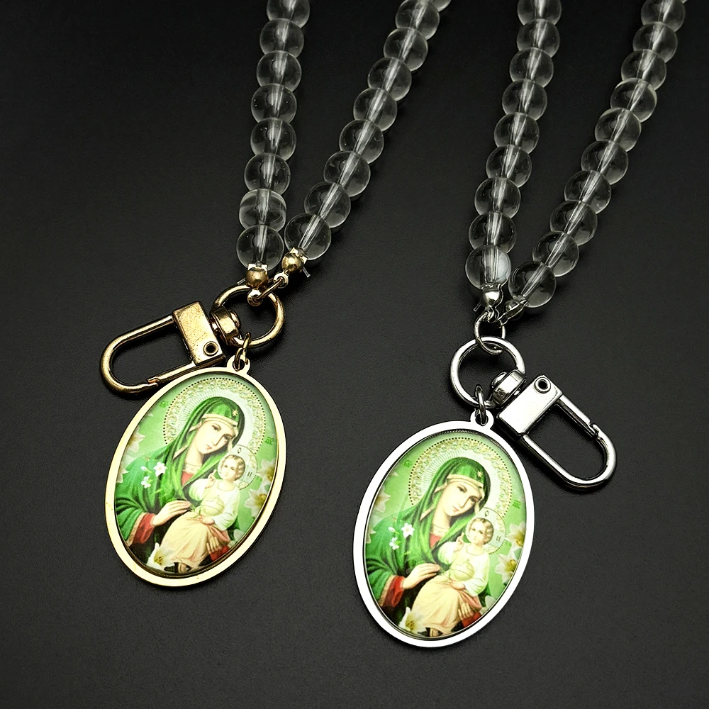 Catholic Virgin Mary Baby Jesus Car Pendant for Women Men Stainless Steel Gold Color Our Lady Christian Glass Bead Chain Jewelry