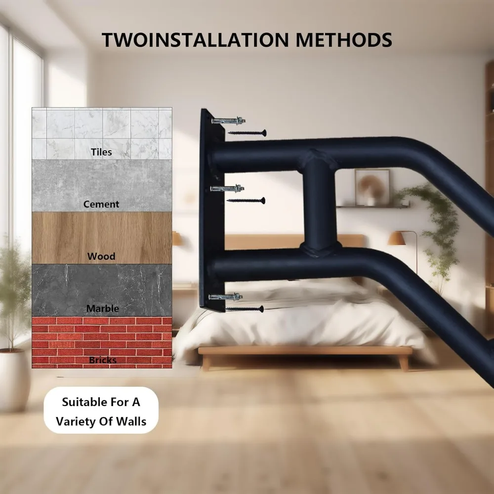 درابزين الدرج الخارجي - عبوتان، لمسة نهائية سوداء غير لامعة، قضبان أمان مثبتة على الحائط لـ 1-3 خطوات