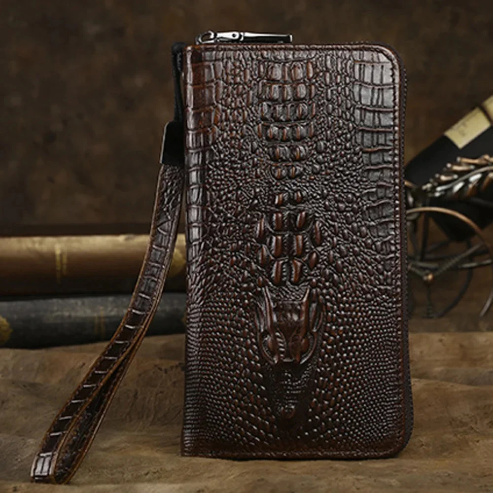 High Quality Men Long Wallet Clutch Handy Bag Fashion Crocodile Pattern Credit Card Holder Money Genuine Leather Purse