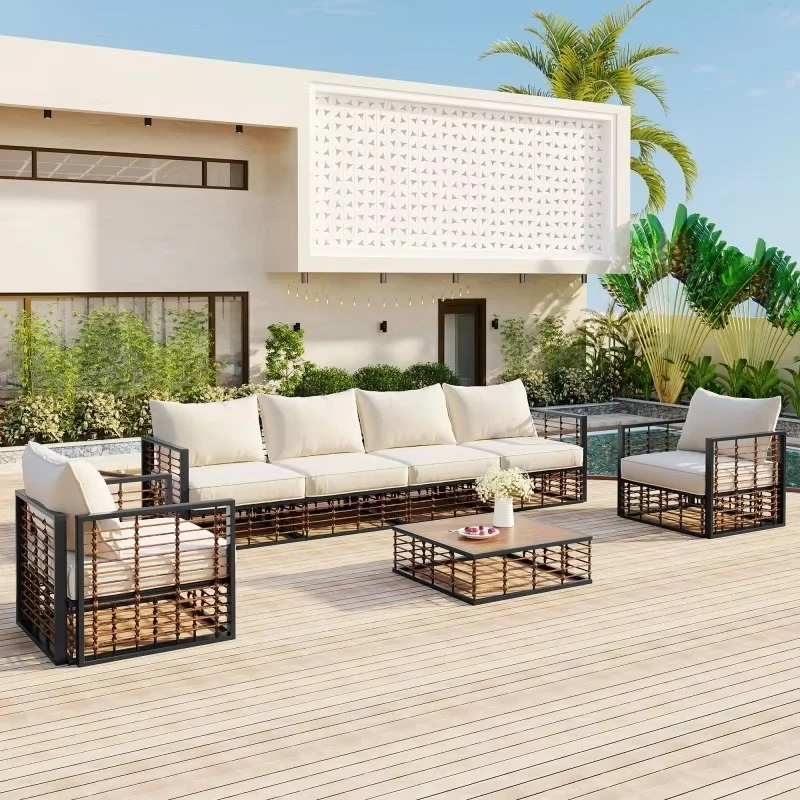 Modern minimalist all-weather furniture metal outdoor thick cushion sofa 7-piece garden combination sofa set