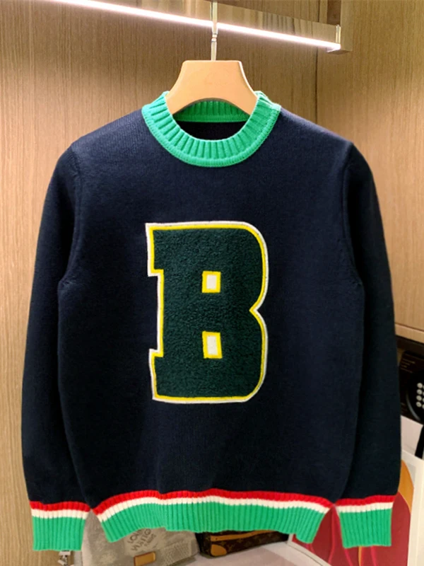 

Thiened Faionable вязаный свитер, мужской роскошный свитер с вышивкой букв, цветная блузка, зимний теплый топ, круглый Ne Long Sve