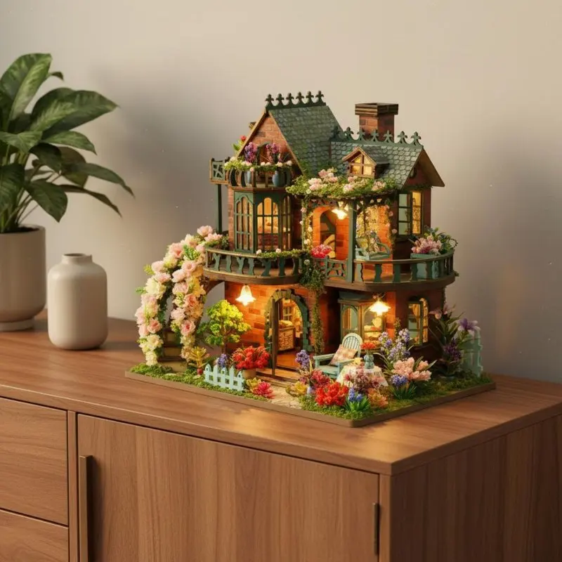 DIY Fairy Garden House Kit Creative Gift Three-Dimensional Wooden House Assembly Kit Wooden Cottage Building Kit Stress