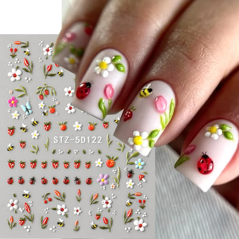 3D Embossed Kawaii Ladybug Sliders Spring White Daisy Flowers Nail Stickers DIY Simple Petals Wedding Nails Decals Accesories image 2