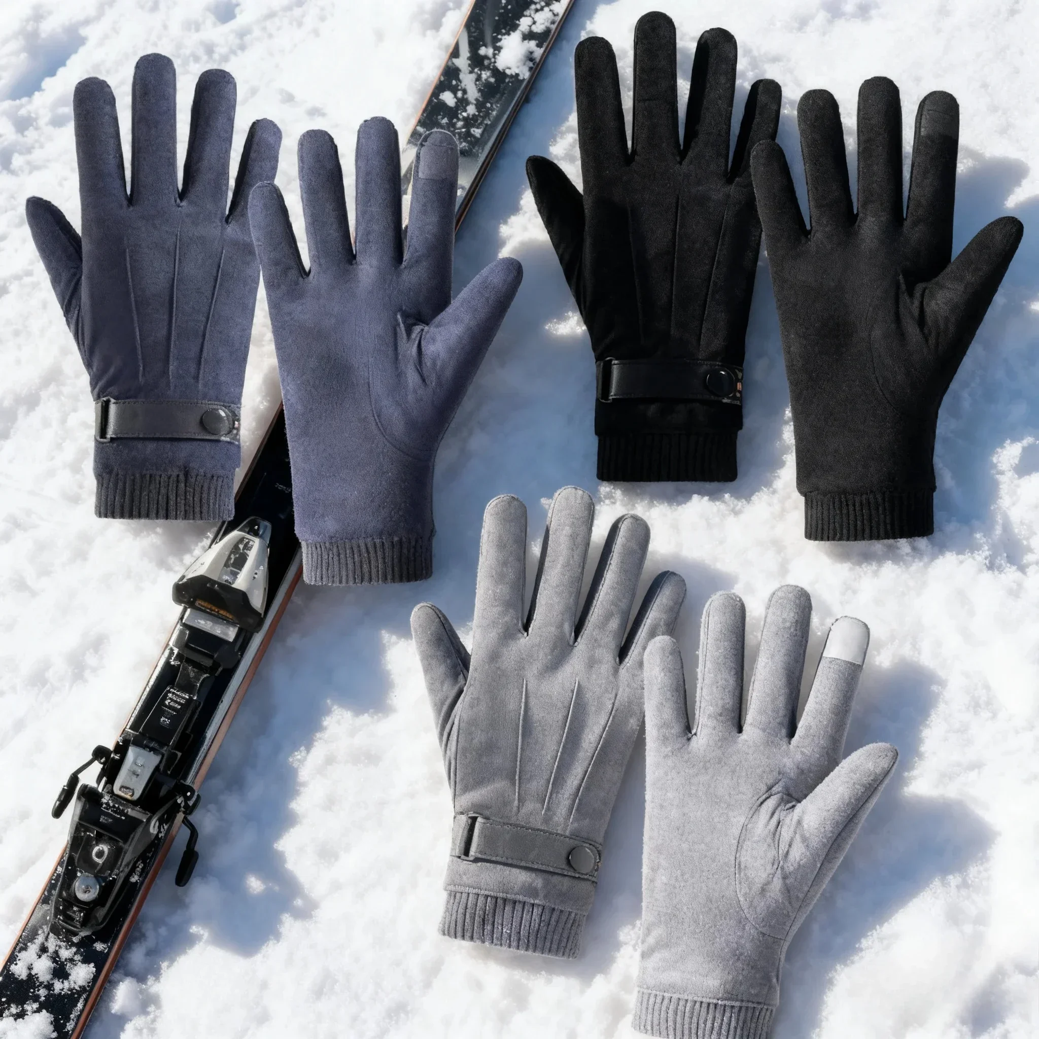 2026 Suede Gloves Split Military Finger Winter Men's Gloves Outdoor Thickened  Driving Buckle Ski Male Touch-Screen Mittens