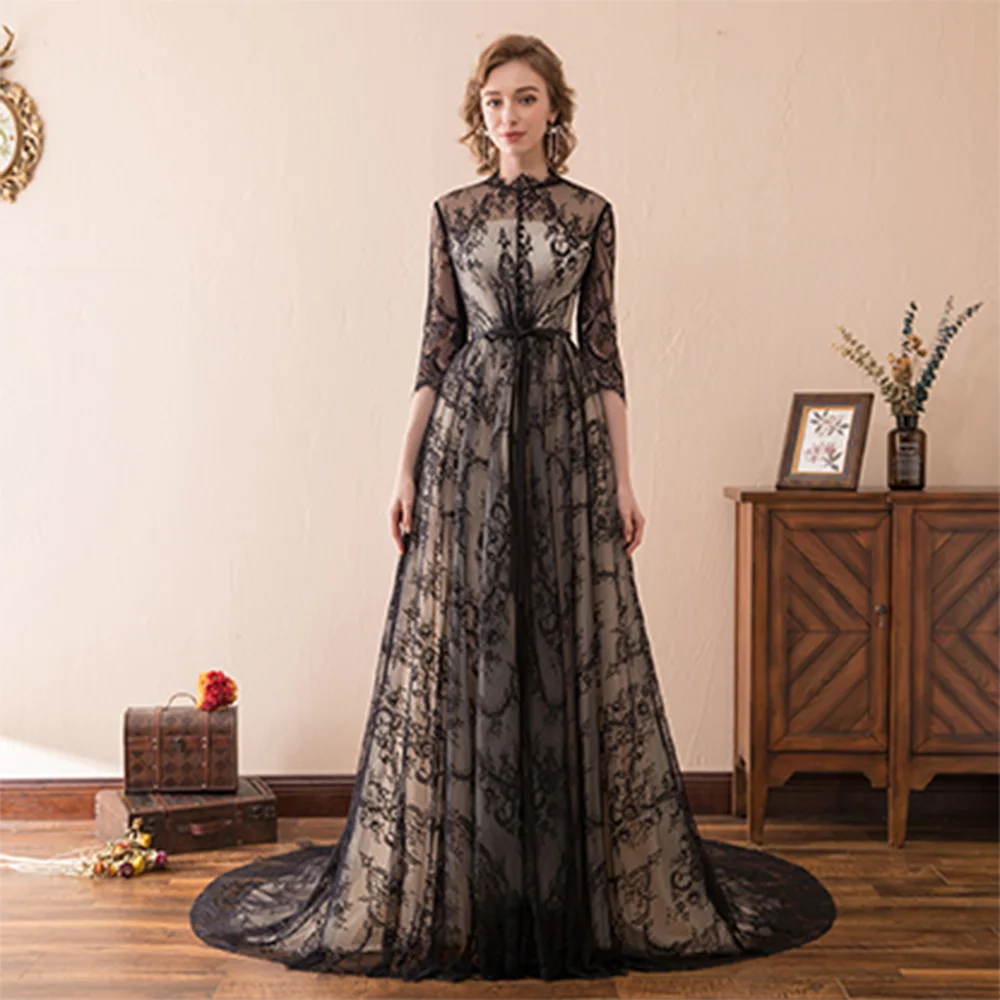 

High Quality Pleats Lace Belt A-Line Evening Dresses Exquisite Crew Neck Long Sleeves Black Custom Size Prom Gowns فساتين سهرة