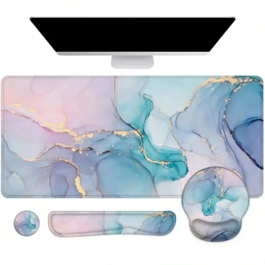 Mouse Pad with Wrist Rest Large Mouse Pad Ergonomic Gaming Desk Pad Keyboard Wrist Rest Set 4-in-1 Desk Mat Keyboard Mat for