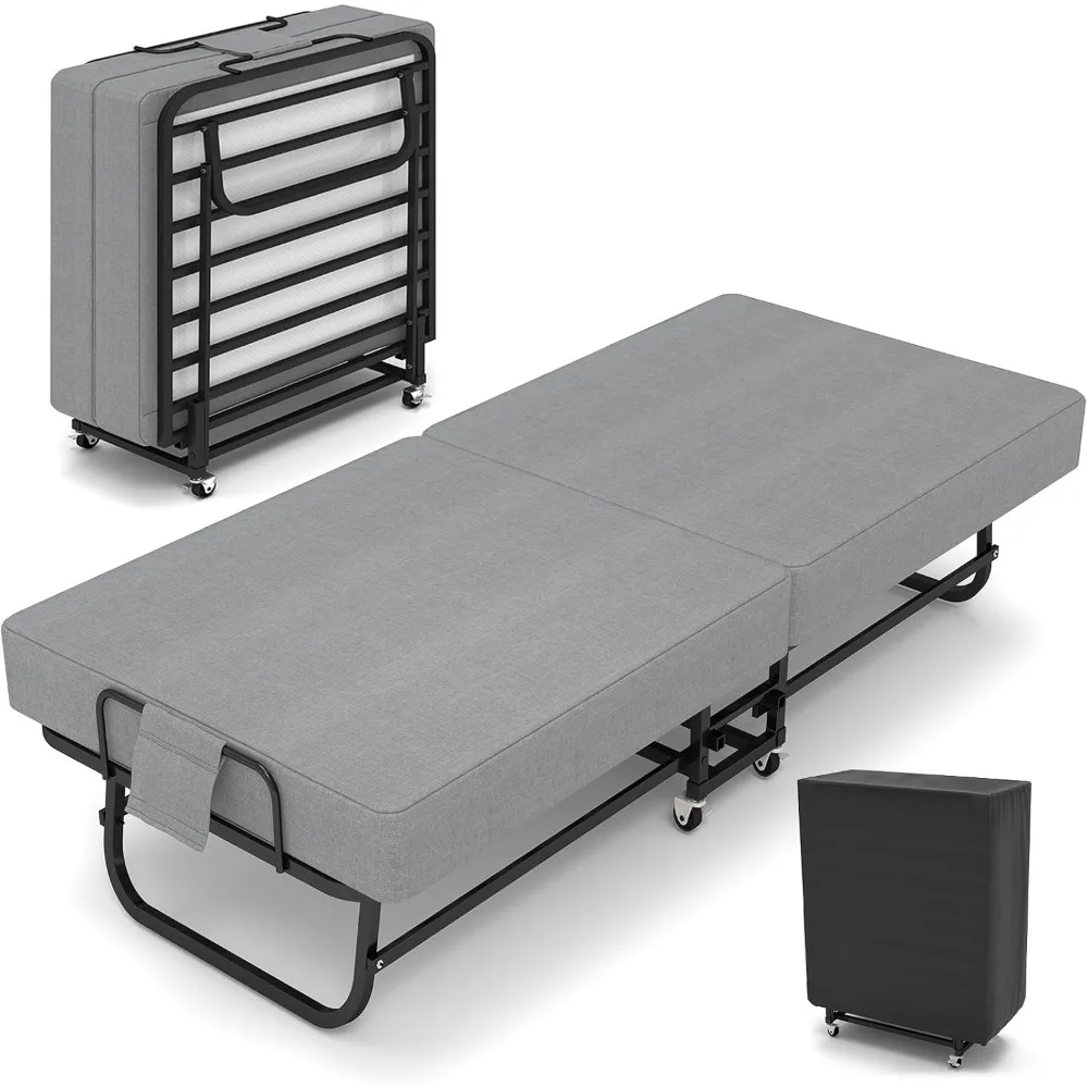 

SADENICEL Folding Bed with Mattress for Adults, Portable Foldable Roll Away Bed on Wheels, Memory Foam Mattress and Metal Frame,
