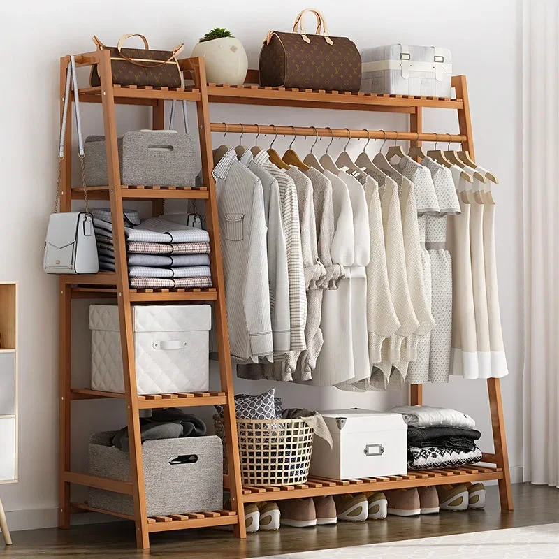 Simple clothes rack floor-to-ceiling bedroom space-saving household multi-functional solid wood coat rack