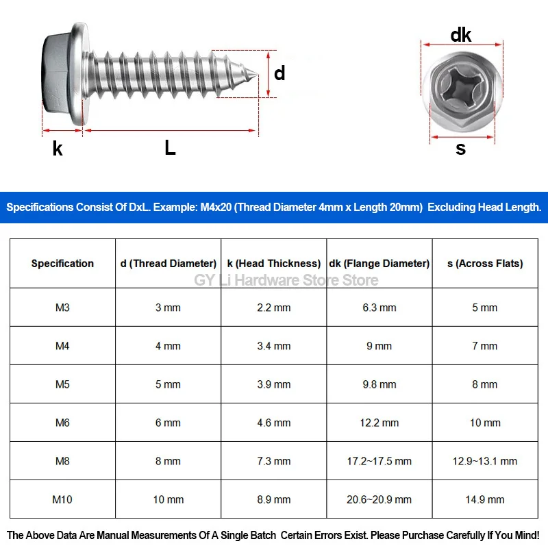 304 Stainless Steel Phillips Hex Flange Self Tapping Screws Integrated Washer Wood Screws M3 M4 M5 M6 M8 M10 6mm-100mm Fasteners