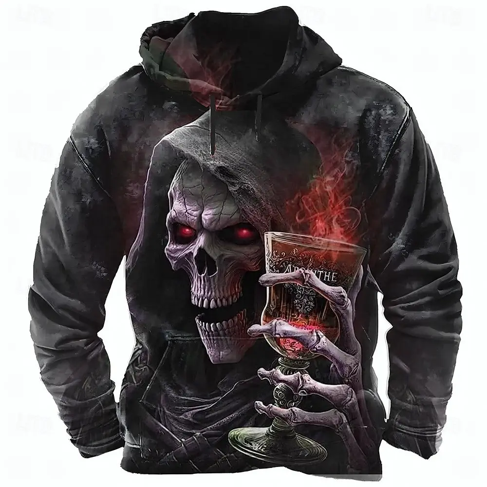 2026 Fall Winter Halloween Men's SKULL 3D Prints Hooded Hoodies Sweatshirt Long Sleeve Crew Neck Streetwear Drawstring Tops