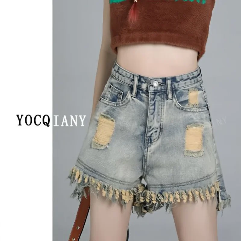 2023 New Vintage Wash Blue High Waist Denim Shorts Spicy Girl with Worn and Worn Ragged Edges Trend Light Blue A-line Hot Pants