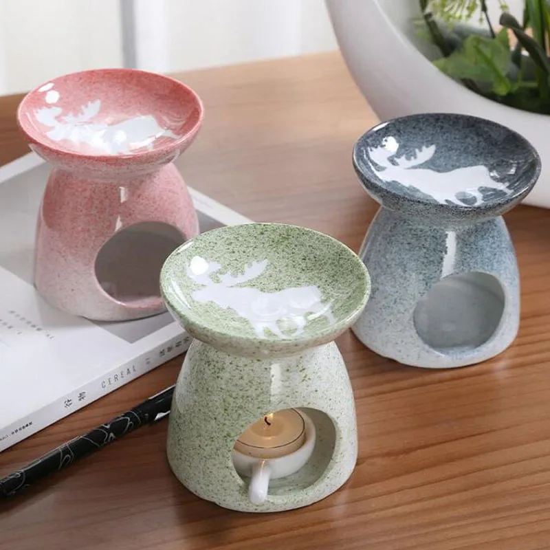 Porcelain Aromatherapy Burner Deer Pattern Essential Oil Furnance Handmade Crafts Candle Holder for Indoor Bedroom Home Decor