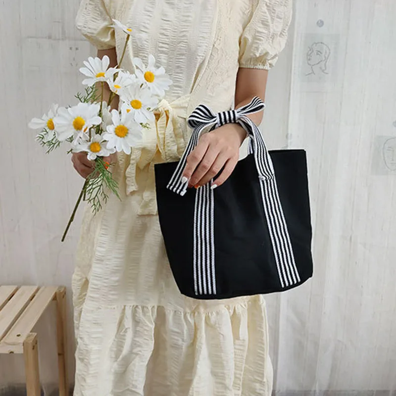 Black Neutral Fashion Simple Women's Bow Canvas Bag Hand Pull Dark Tie Small Fresh Hand Handbag A Bag view 3