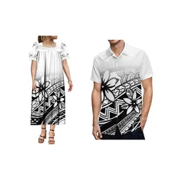 Fiji Beach Couples Outfit MUMU Polynesian High Quality Men's Shirt Samoan White Blue Women's Long Dress
