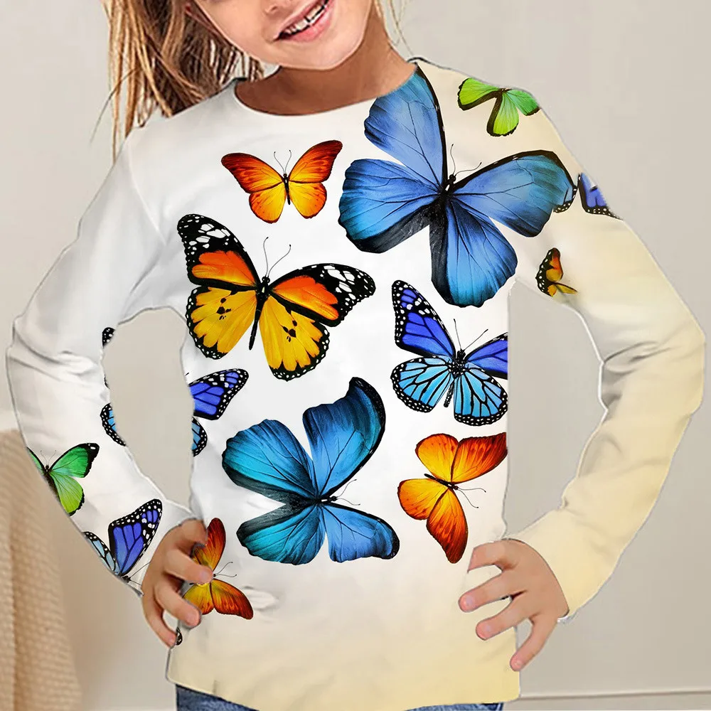 Children\'s Clothing Girl T-Shirt Long Sleeve Beautiful Butterfly Print Kids Spring Fall Clothes Casual Stylish Girl Clothes Tops