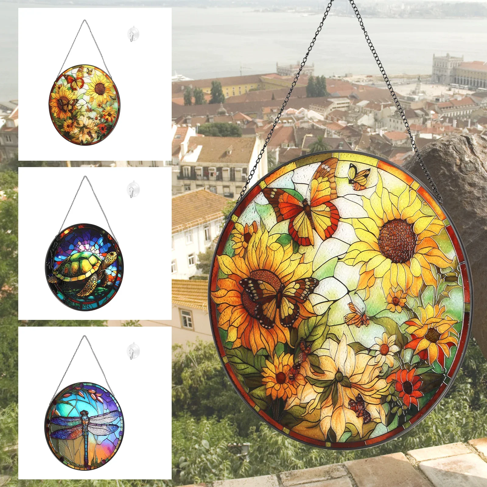 

Sunflower Pattern Stained Window Hangings Colorful Flower Suncatchers for Windows, Birds Window Hangings with Chain Window Decor