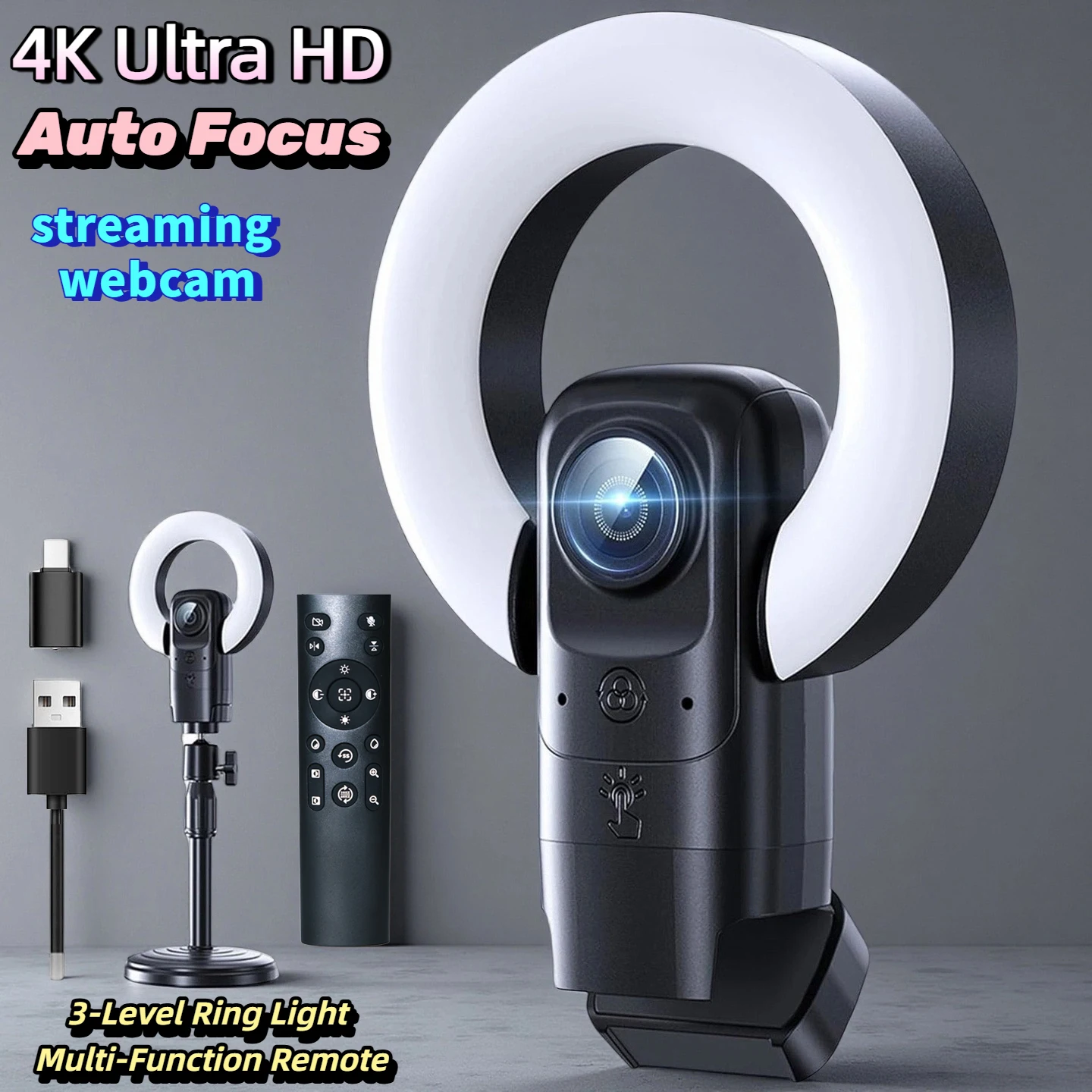 

Веб-камера EXHQDR 8820C 4K с автофокусом AI, кольцевой подсветкой, пультом дистанционного управления, микрофоном с шумоподавлением для потоковой передачи, встреч, класса