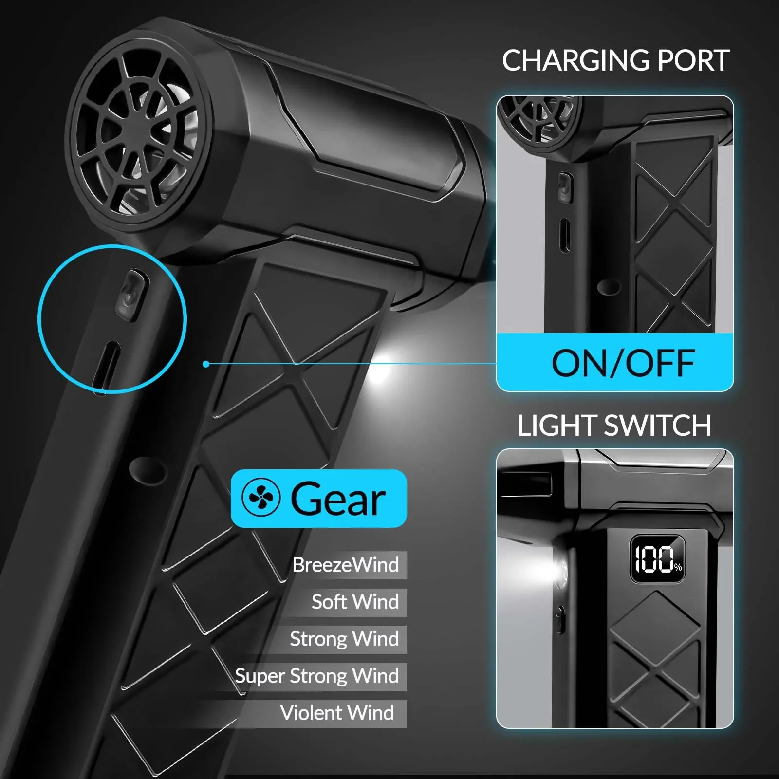 Potente ventilatore violento 1100000 giri/min Turbo Air Blower ad alta velocità senza spazzole Regolazione della velocità a 5 marce Turbo Jet Blower con illuminazione a LED