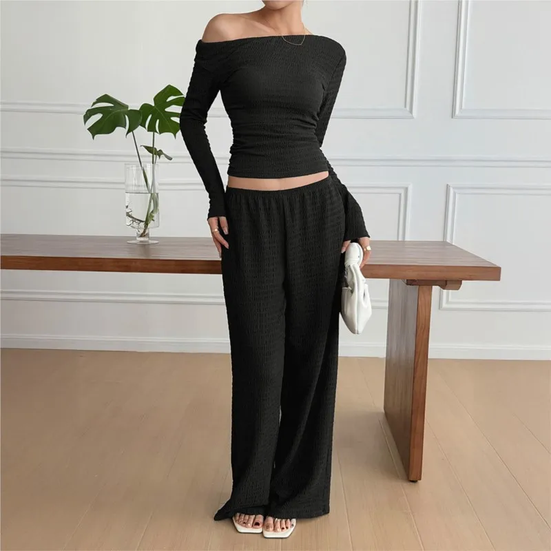 Casual Home Women's Two-piece Fashionable Solid Color Sloped Collar Long-sleeved Slim Top Paired With Loose Wide-leg Pants Suit