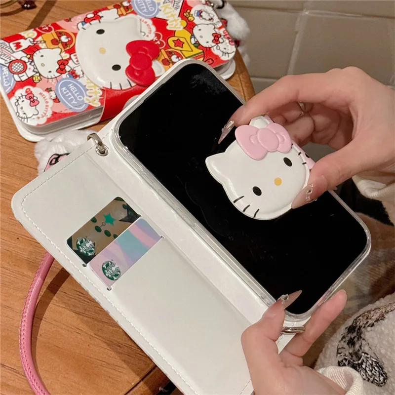 Flip leather case with pendant 3D doll Hello Kitty Sanrio Phone Soft Case for IPhone 13 14 15 16 Pro Y2k Girl Phone Case Cover