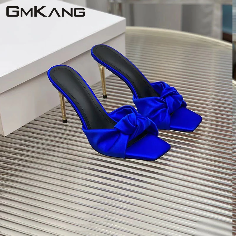 New High Heel Slippers Women's Crystal Nailed Round Heel Sandals Women's Satin Ankle Strap High Heel Track Shoes Summer Sandals
