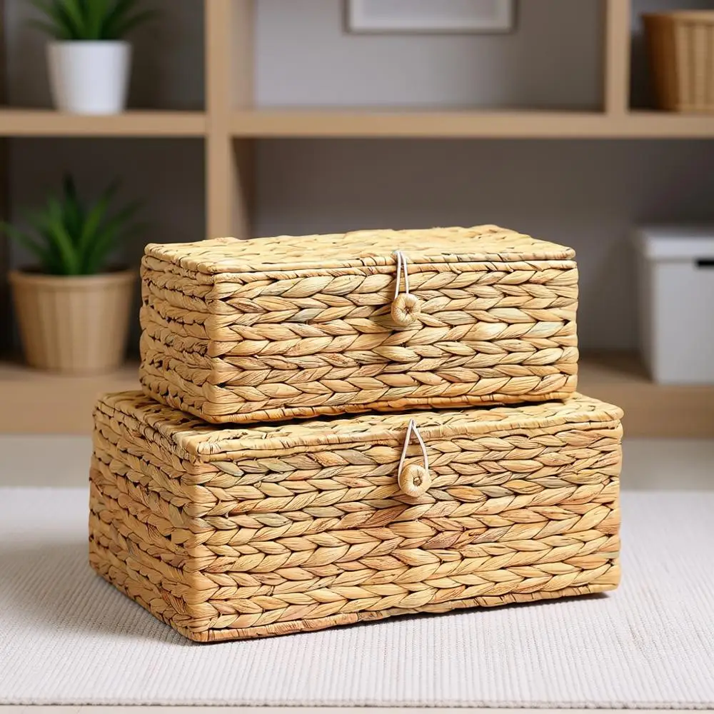 

Прямоугольные плетеные корзины для хранения с крышкой, декоративные корзины из ротанга, многофункциональные органайзеры для полок