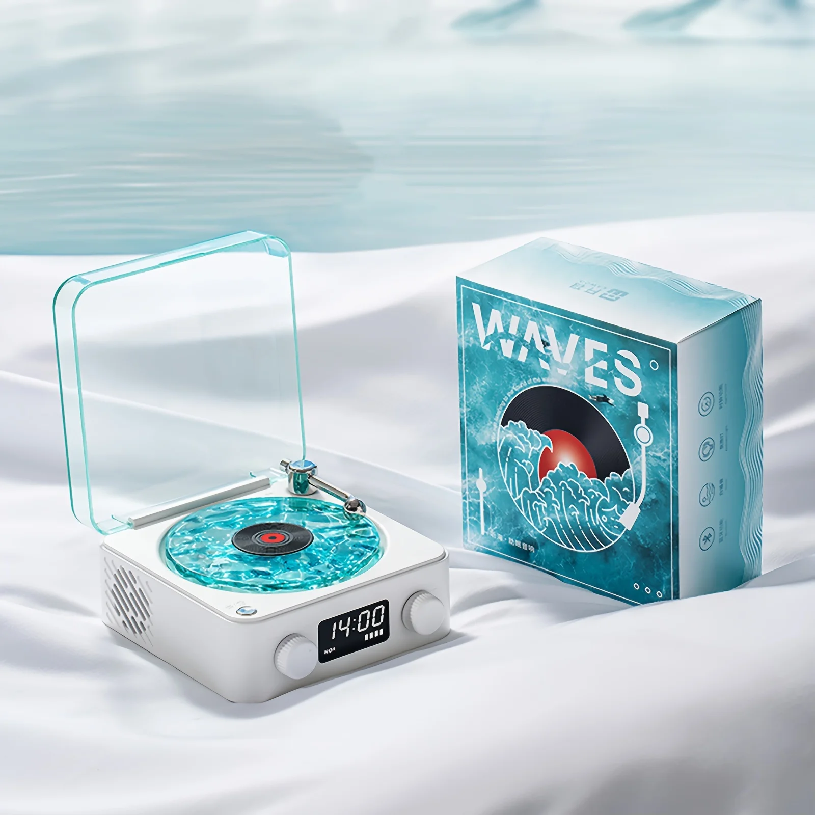 Waves Vinyl Record Player with Wireless Speaker & Adjustable Ocean Wave Lights - Wireless Desktop Clock for Bedroom, Office, Par