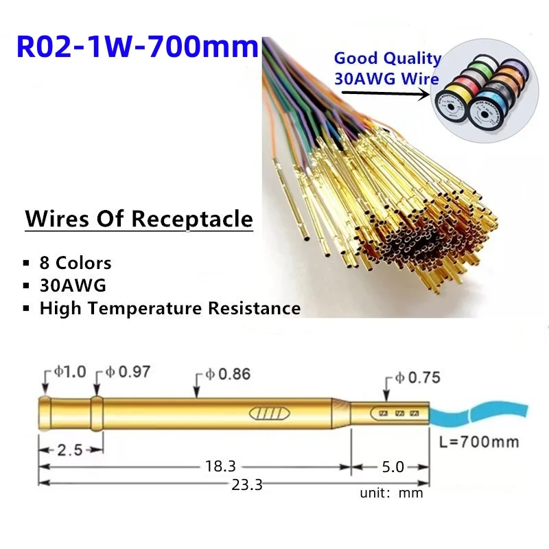 Socket R02-1W7 Length 23.3mm Spring Test Probe Receptacle Bare PCB Pogo Pin Pre-wired wire 30AWG High temperature resistant wire