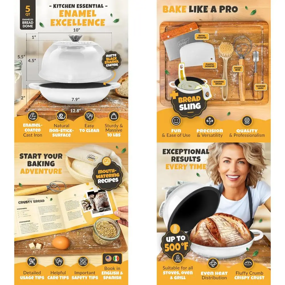 

Enamel Bread Dome 5QT - Cast Iron Sourdough Baking Pan with Lid and Accessories
