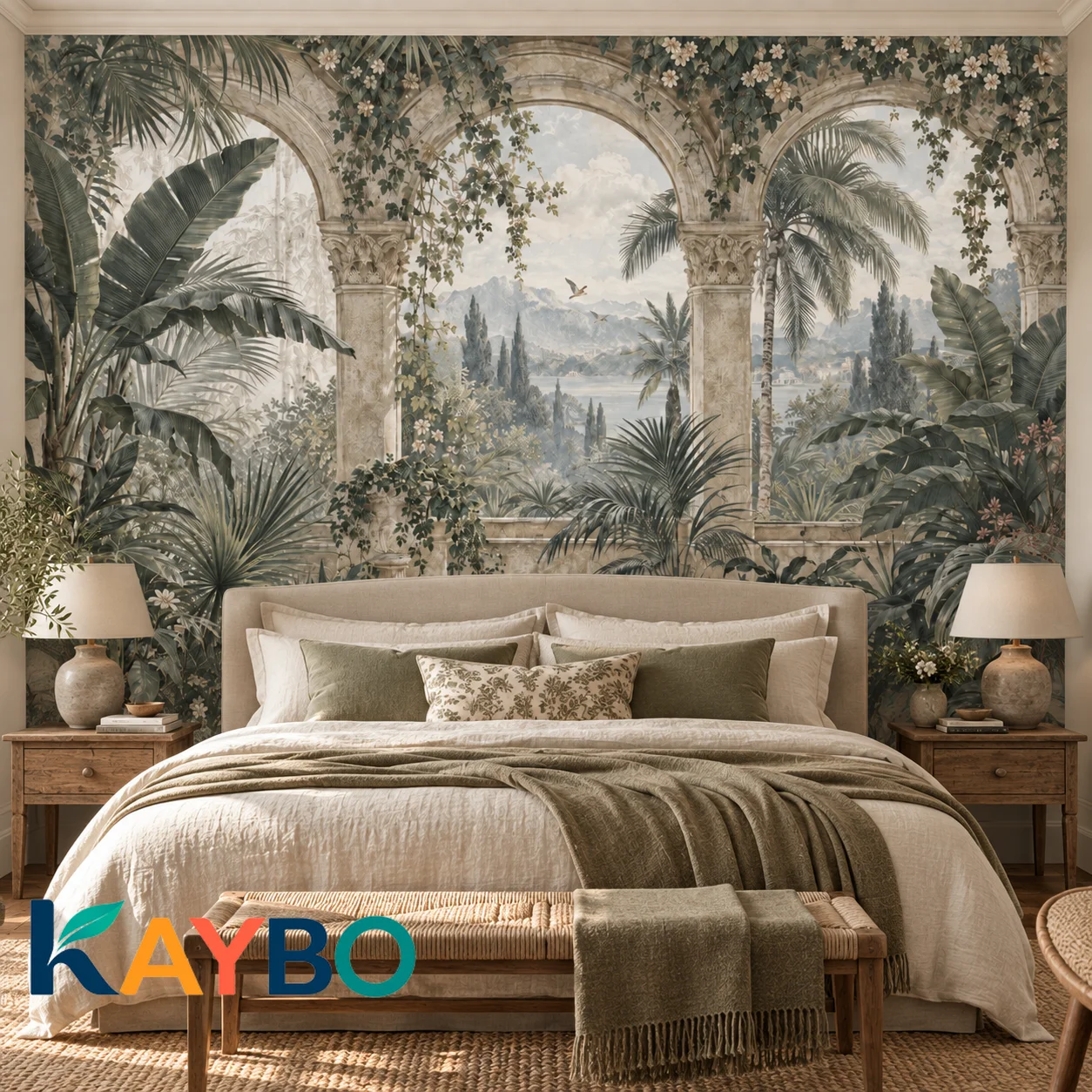 Tropical Arch Wall Mural Vintage Botanical Landscape Wallpaper Palm Tree Scenic View Non Self Adhesive Living Room Decor Designs