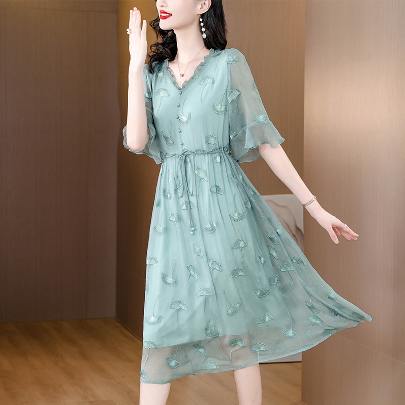 

2023 New Fashion Brand Silk Dress Women's Summer Versatile Loose Fit Elegant Vacation V-neck Casual Dress Vestidos