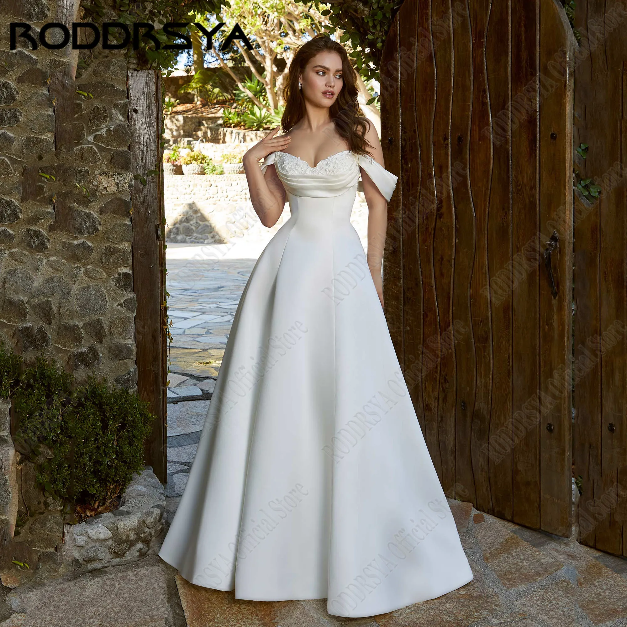 RODDRSYA Sweetheart A-Line Wedding Dresses With Detachable Bow Off Shoulder Satin Bride Gowns Backless Satin vestidos Customized