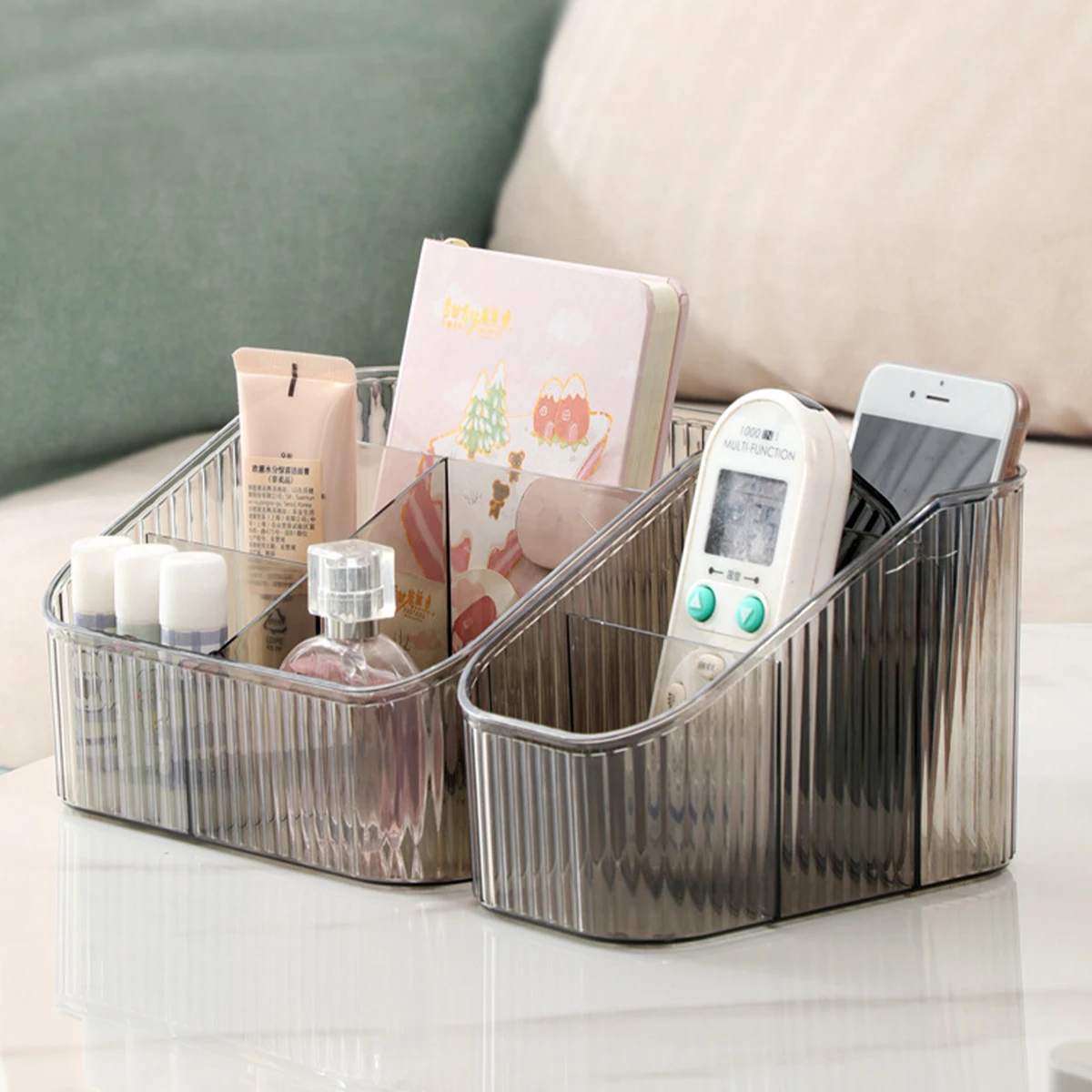 Smoke Gray Clear Vertical Stripe Desk Organizer, Multi-Compartment Storage Box for Makeup & Stationery