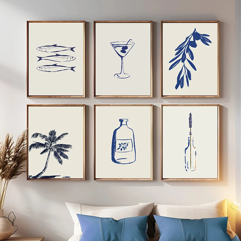 Póster de dibujos animados de líneas azules simples, concha de coco junto al mar, botella de vino, flores de pescado, pintura en lienzo, imágenes artísticas de pared, decoración del hogar