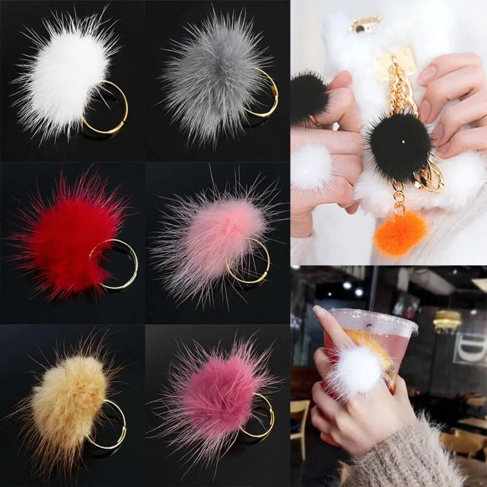 Cute Fur Ball Mink Hair Finger Ring Women Opening Adjustable Pompom Fur Ball Ring Finger Ring Fashion Gift