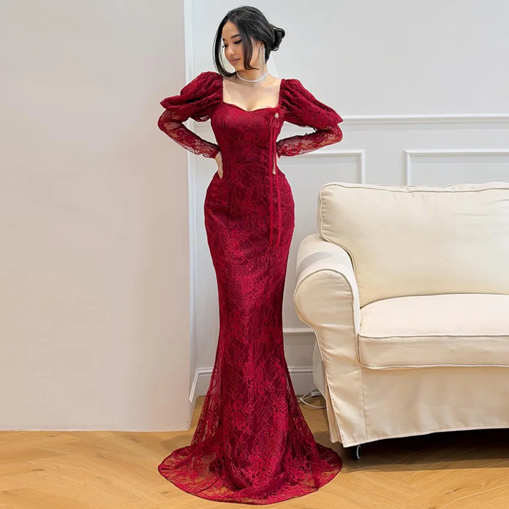 

Customized Burgundy Elegant Square Collar Long Sleeves Evening Dress High Quality Lace Celebrity Gowns Mermaid Party Dress