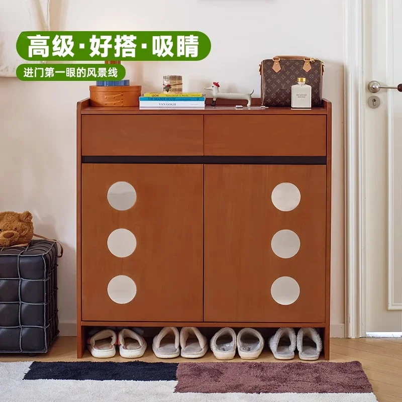Medieval solid wood shoe cabinet household living room integrated wall locker entrance partition entrance