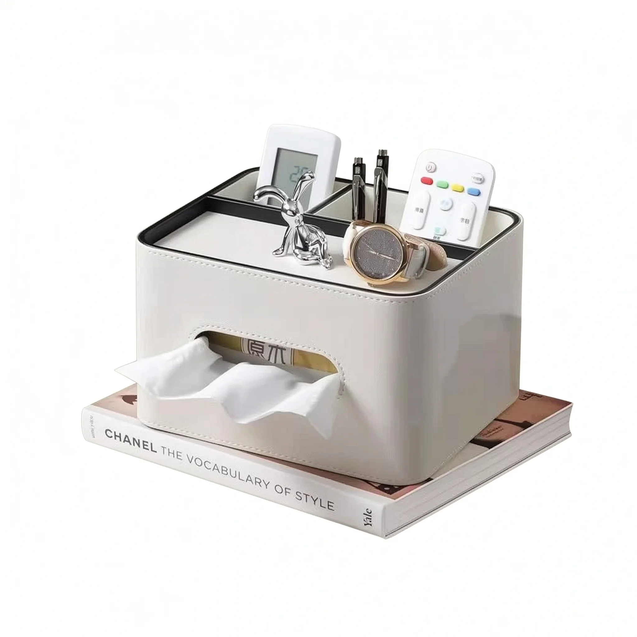 Luxury Tissue Box With Phone Stand And Remote Control Holder Durable Leather Finish Multi Purpose