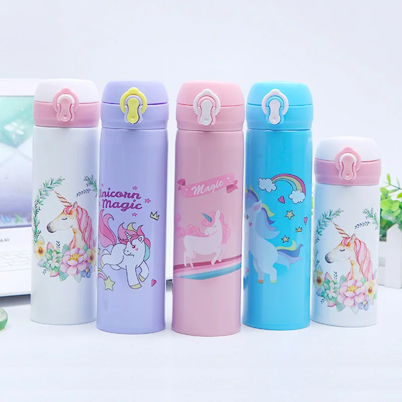 500ML ขวดน้ําสูญญากาศ 304 สแตนเลสดื่มการ์ตูนถ้วยยูนิคอร์นเด็ก THERMOS ขวดสําหรับสาวเด็กโรงเรียนถ้วย
