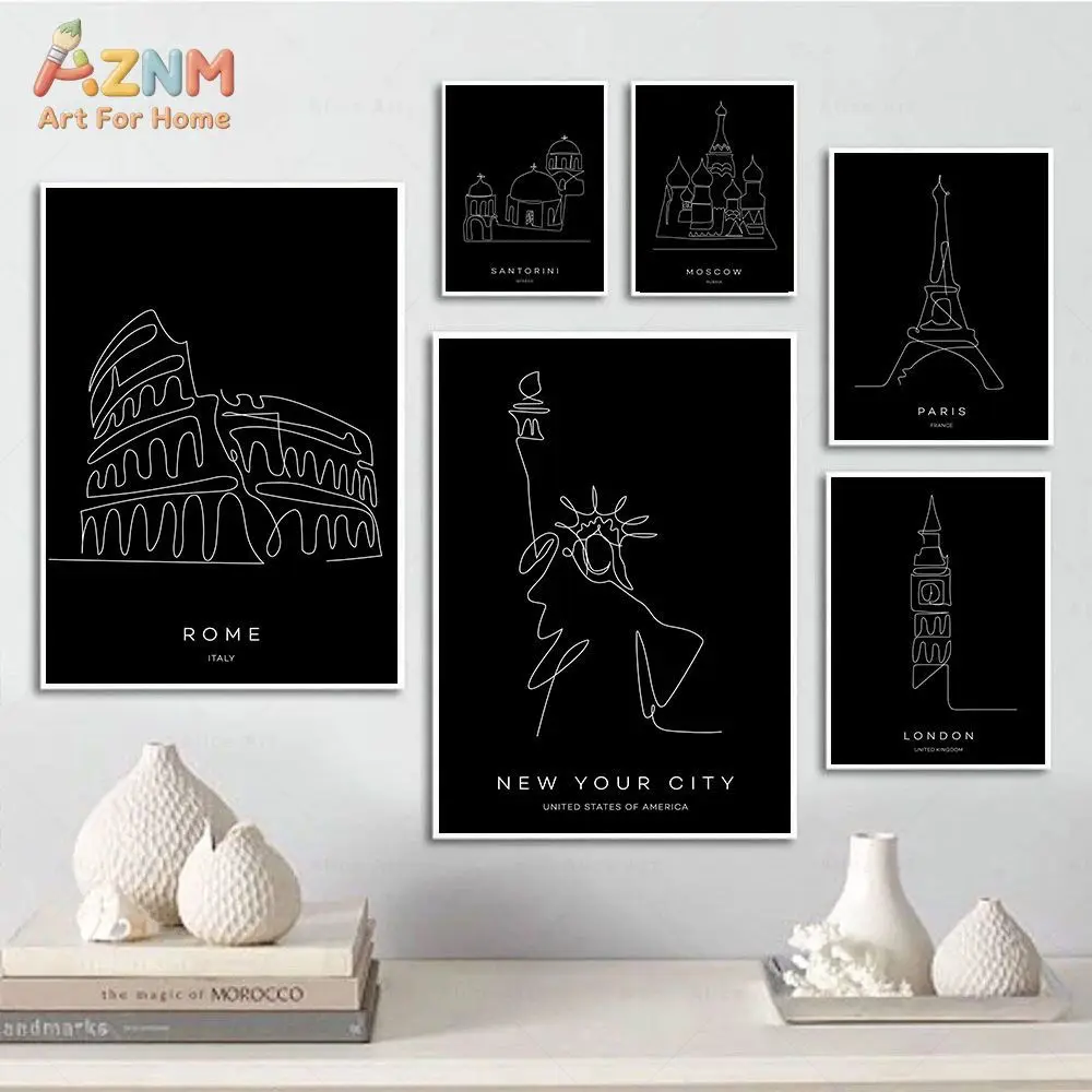 AZNM One Line Sketch World Famous Landmark Canvas Poster, Frameless Minimalist City Building Outline Print Wall Art For Neutral
