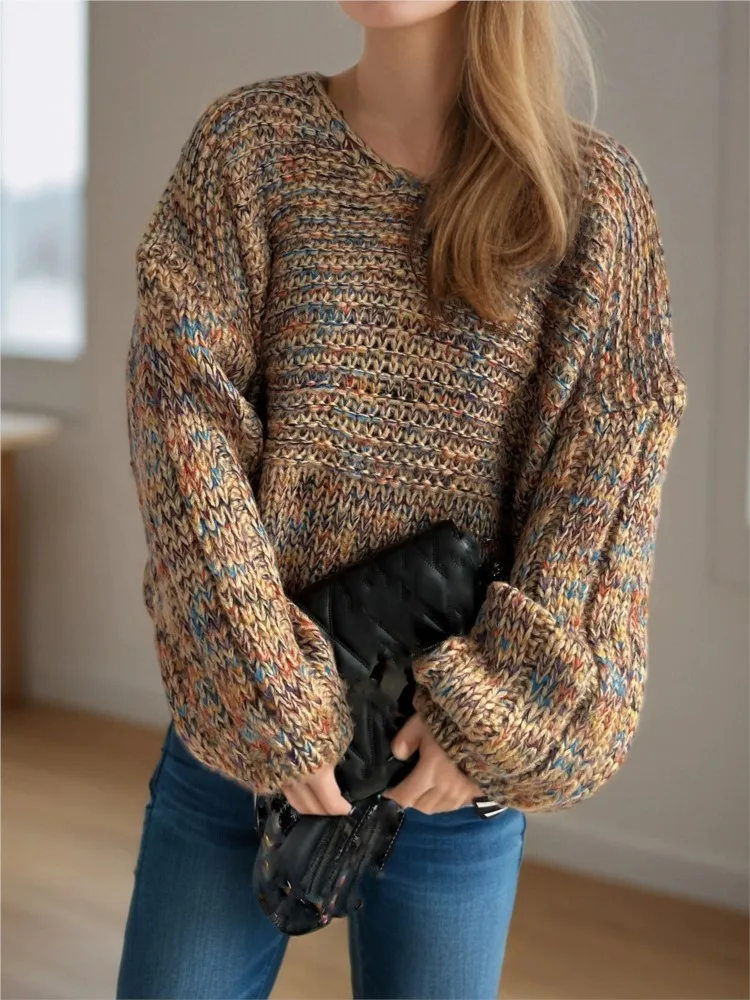 

Fashion Patchwork Knit Sweater For Women Casual O Neck Long Sleeve Pullovers Sweaters Tops Lady Holiday Streetwear Clothes New