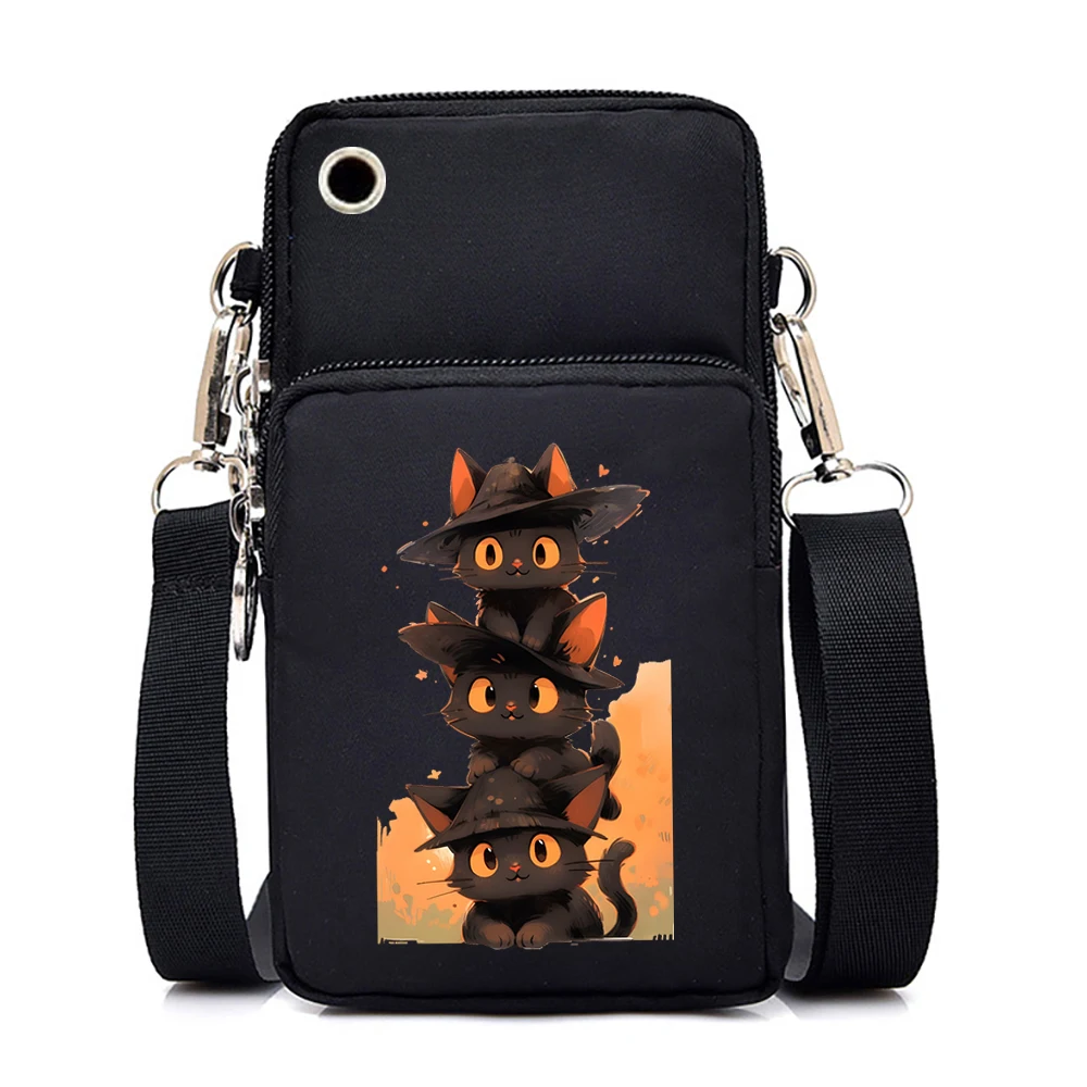 Black Cat Mini Mobile Phone Bag Women's Messenger Bag Anime Animal Kitten Hanging Neck Coin Vertical Handbag Small Crossbody Bag