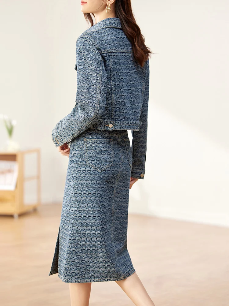 Sentubila elegante jacquard denim saia terno para as mulheres moda curto primavera jaqueta reta fenda lateral midi saia de duas peças conjuntos