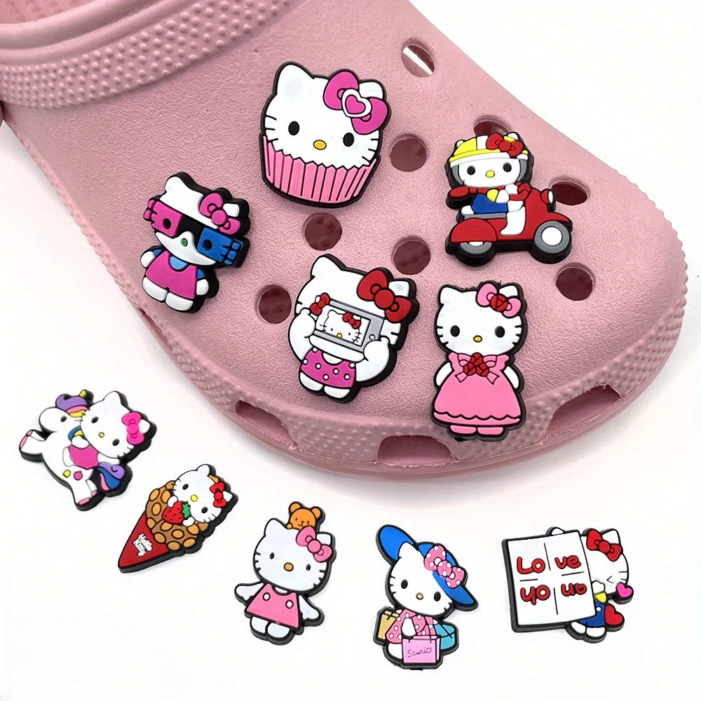 10Pcs Sanrio Hello Kitty Shoe Charms, Cute PVC Cartoon Shoe Buckles, Fashion Plastic Decorative Accessories for Women Shoes