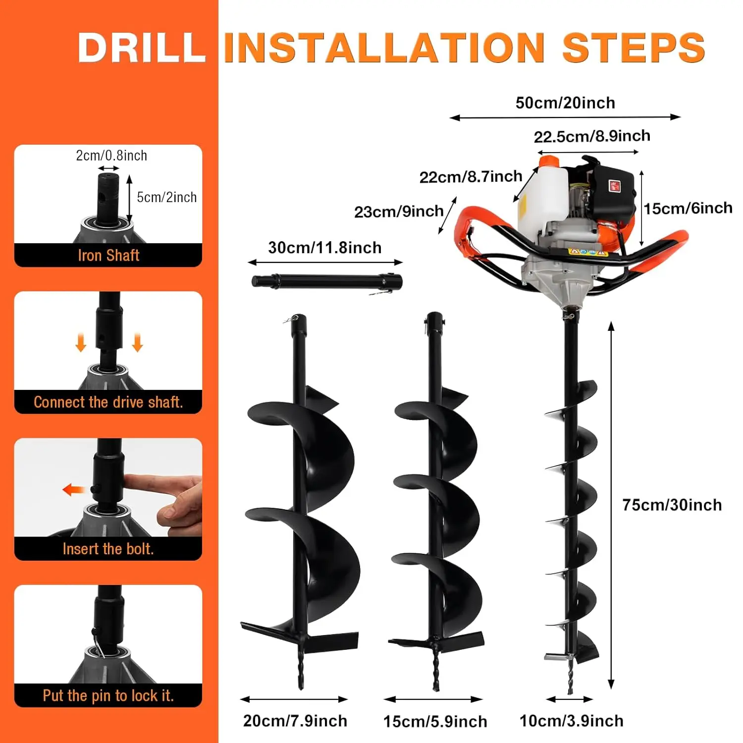 Gás Powered Post Hole Digger, Terra Auger Borer, Motor Virabrequim completo, 3 Broca Barra de Extensão, 4 em, 6 em, 8