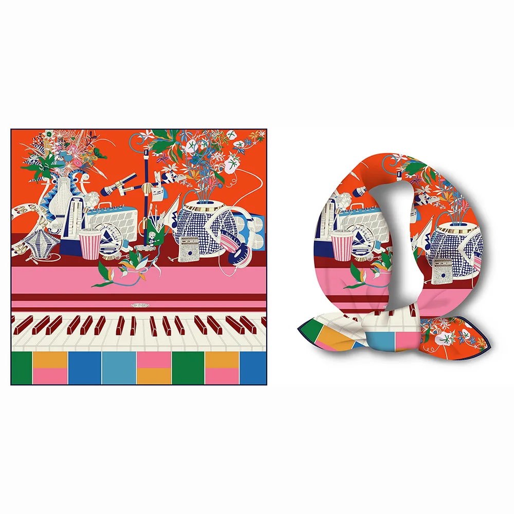 

53cm Music Piano Pattern Women's Square Scarf Versatile Decorative Diagonal Print Small Shawl Versatile for All Ages