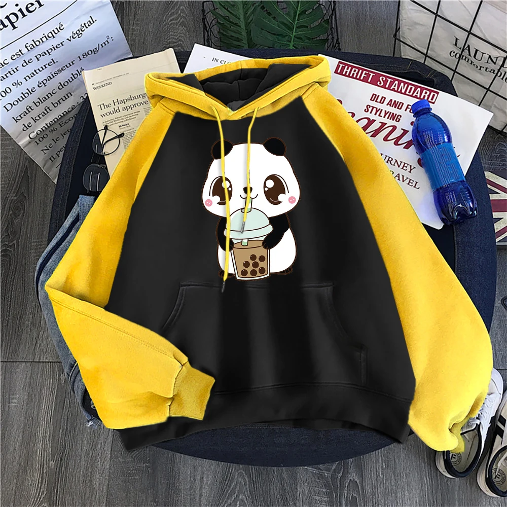 Baby Panda Drinking Milk Tea Print Women Hoodies Casual Raglan Hoodie O-Neck All Match Hoody Loose Street Comfortable Sweatshirt