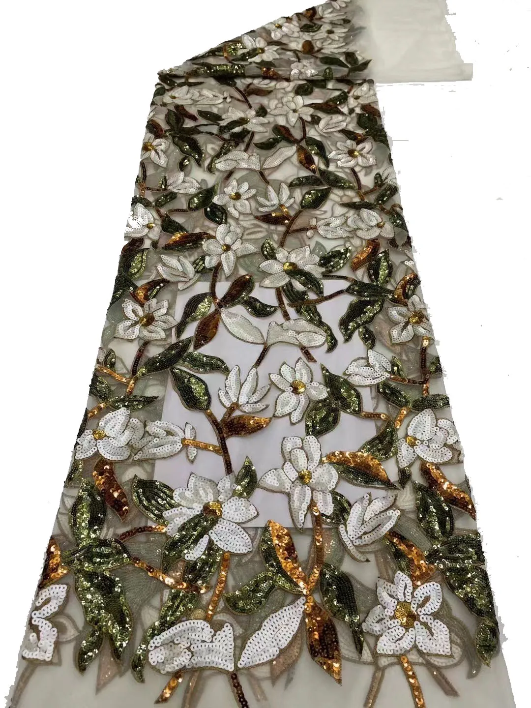 قماش دانتيل شبكي مع تطريز يدوي بالترتر 5 ياردات لفساتين الزفاف والحفلات المسائية