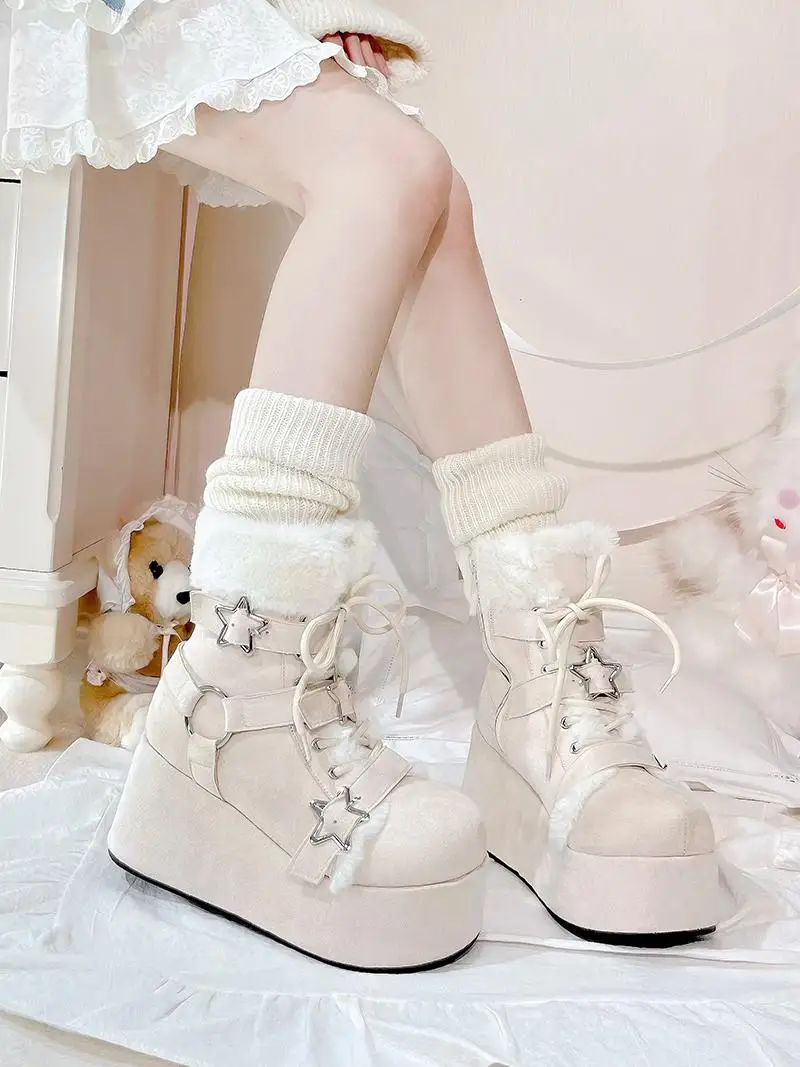 

Plush Star Language Original Winter Plush Snow Boots Lolita Thick Bottom Sweet Cool Boots Cute Girl Hairy Boots Female