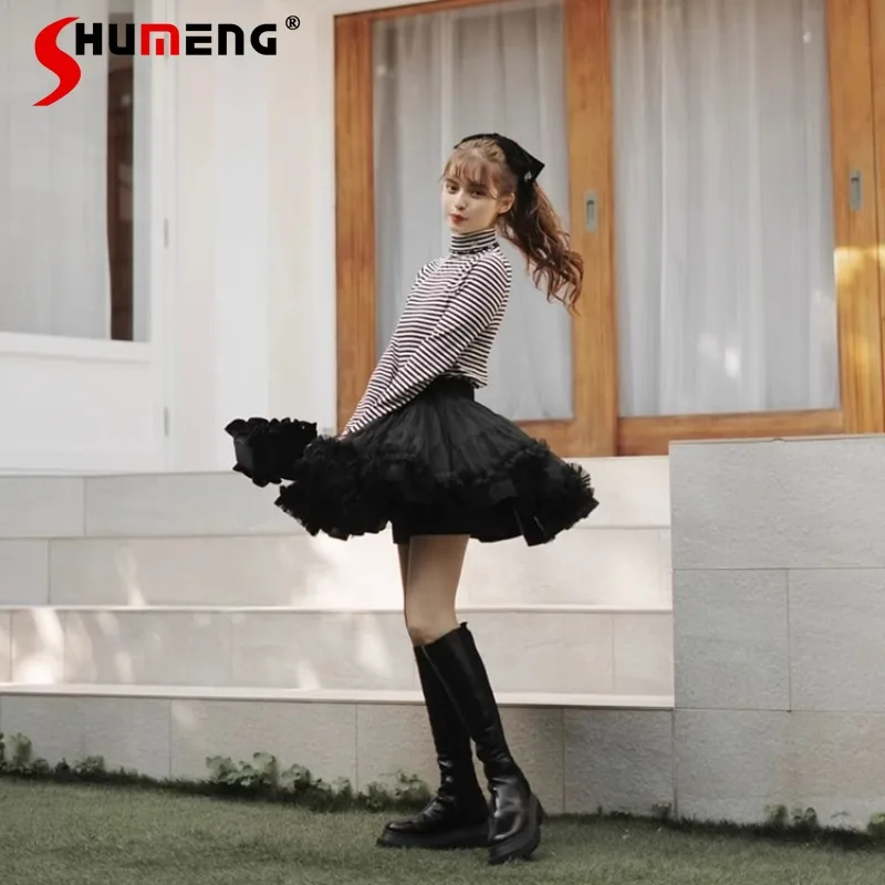 Japanese Rojita Style Sweet Mesh Elastic Waist Ballet Tutu Short Skirt Adult Princess Mini Skirts Black White Color Y2k Clothes